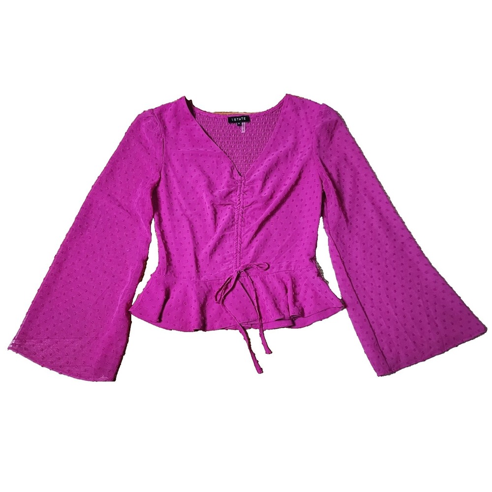 1.State Swiss Dot Top S Pink Semi Sheer V-Neck Bell Sleeve Boho‎ Hippie